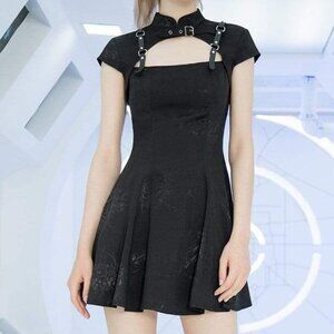 Punk Rave, Floral Printed Cutout Black Little Dress, XS